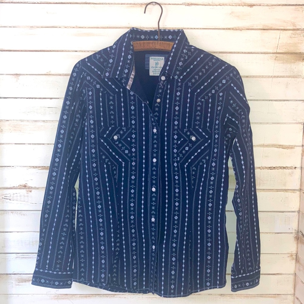 Panhandle Rough Stock Pearl Button Western Shirt Top Women’s Size Medium Navy